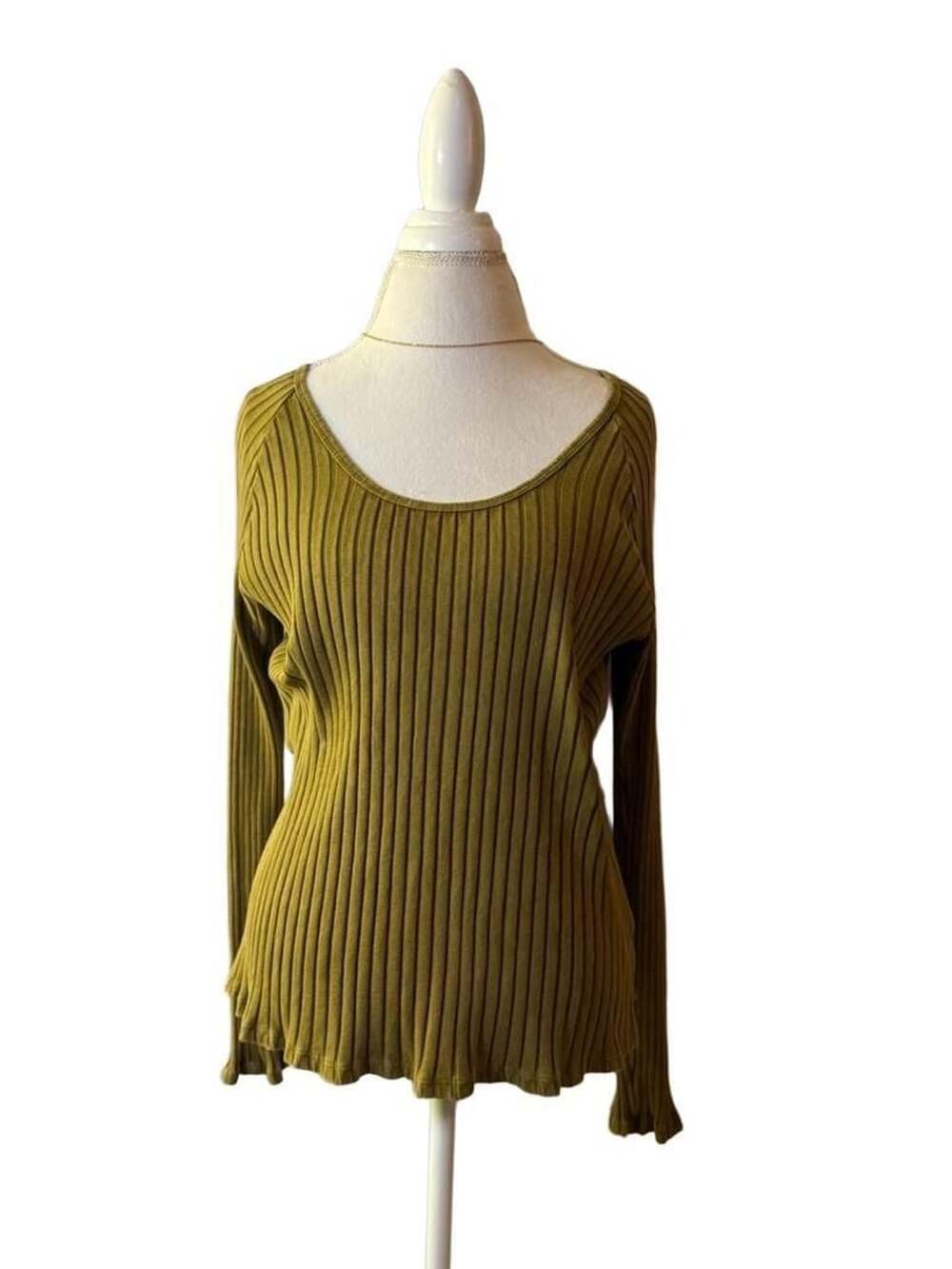 Knox Rose Olive Green Ribbed Long Sleeve Scoop Neck Top